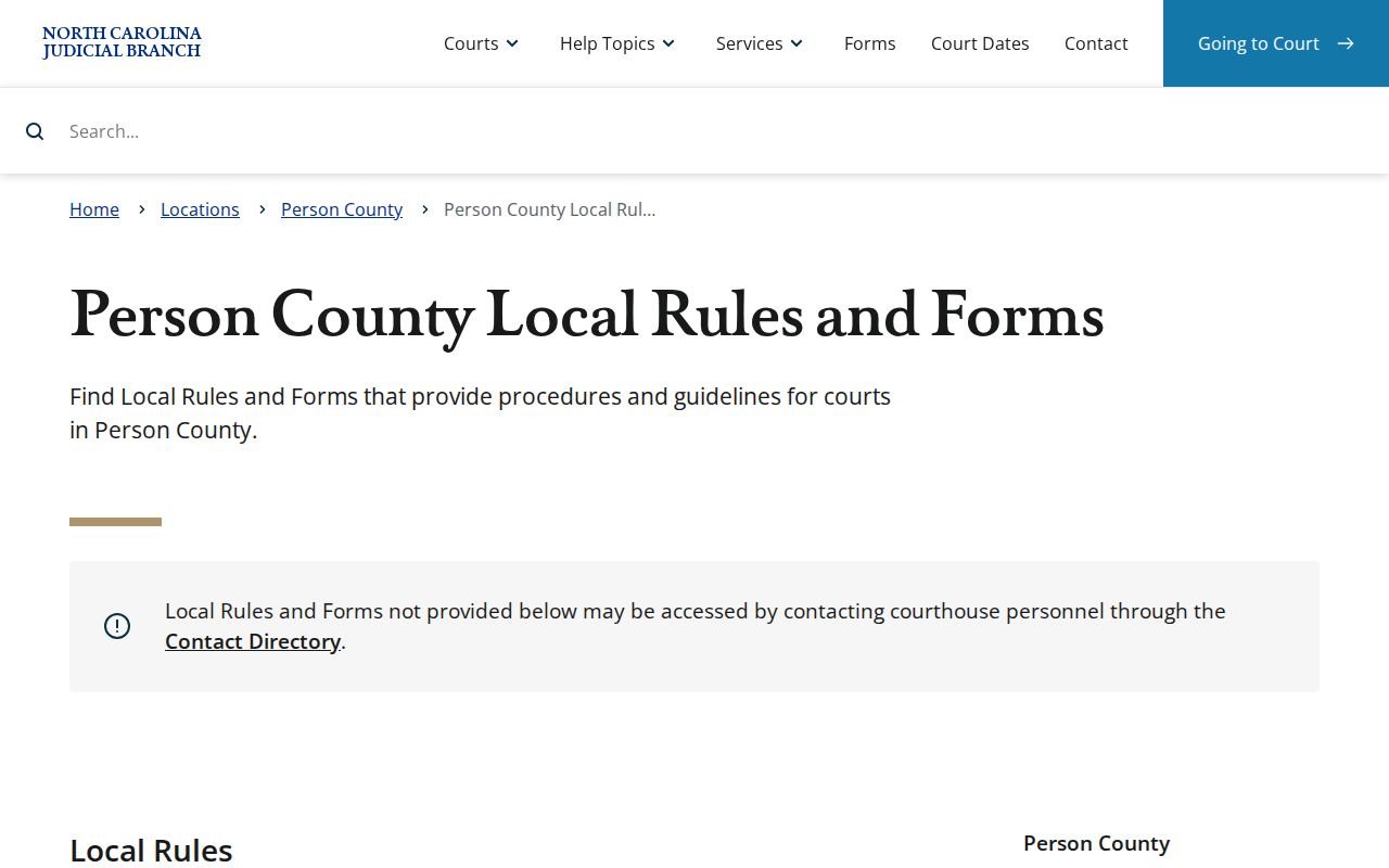 Person County civil docket local rules and forms resources