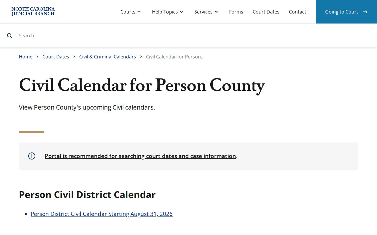 Person County court calendar civil calendar search in North Carolina