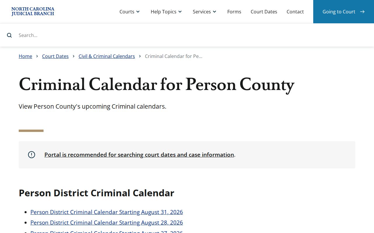 Person County court calendar criminal calendar search in North Carolina