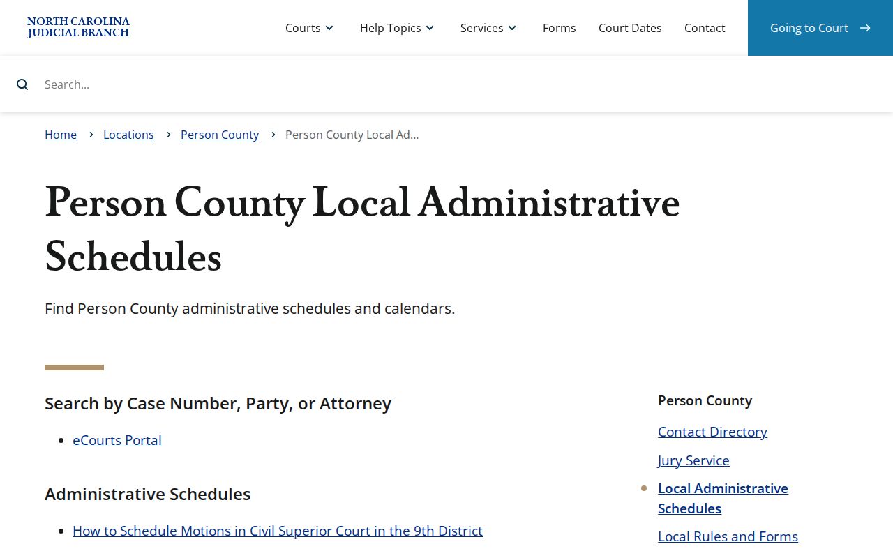 Person County court calendar local administrative schedules in North Carolina