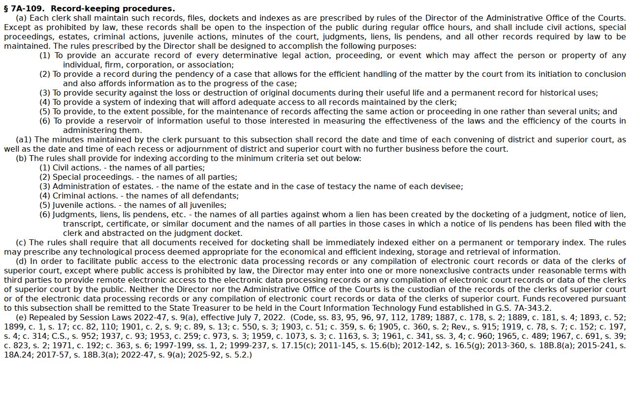 Person County criminal docket court-record access statute
