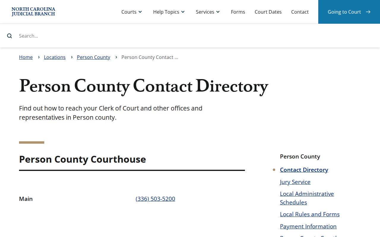 Person County court docket Clerk contact directory